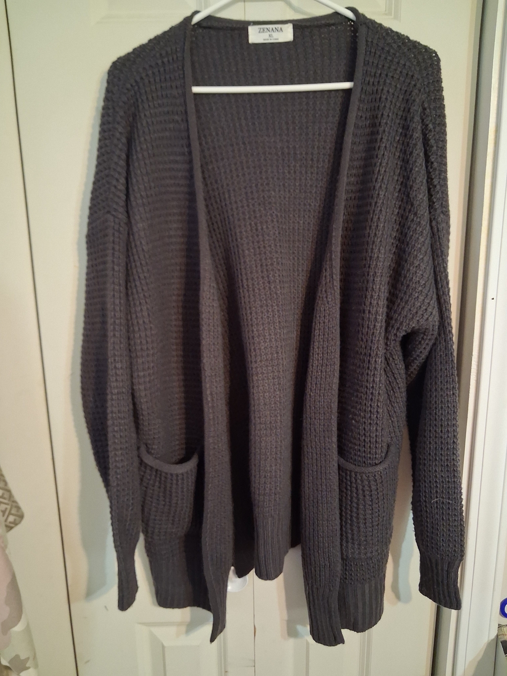 Zenana Outfitters Charcoal Open-Front Waffle Knit Cardigan Sweater